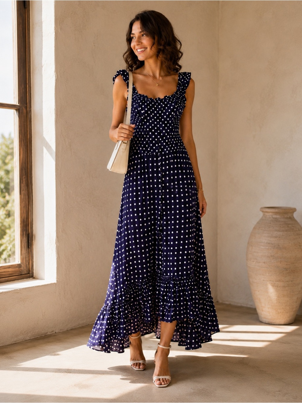 Slate & Willow Navy Polka Dot Ruffle High Low Maxi Dress L 12
